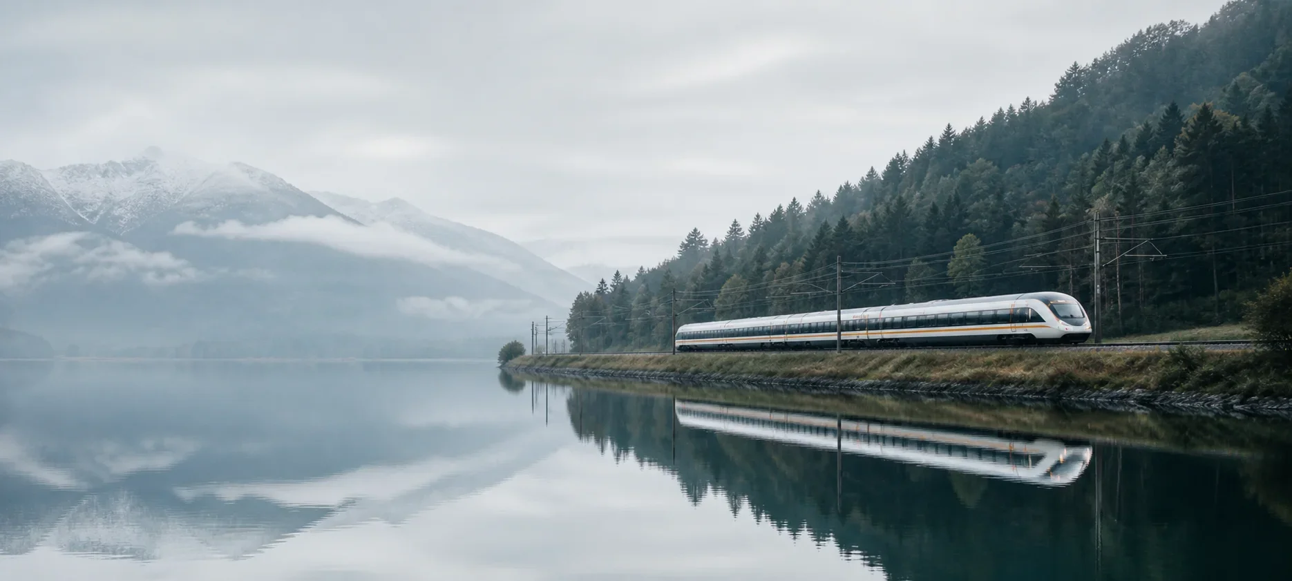 Farleda’s signature train beside a calm Alpine lake