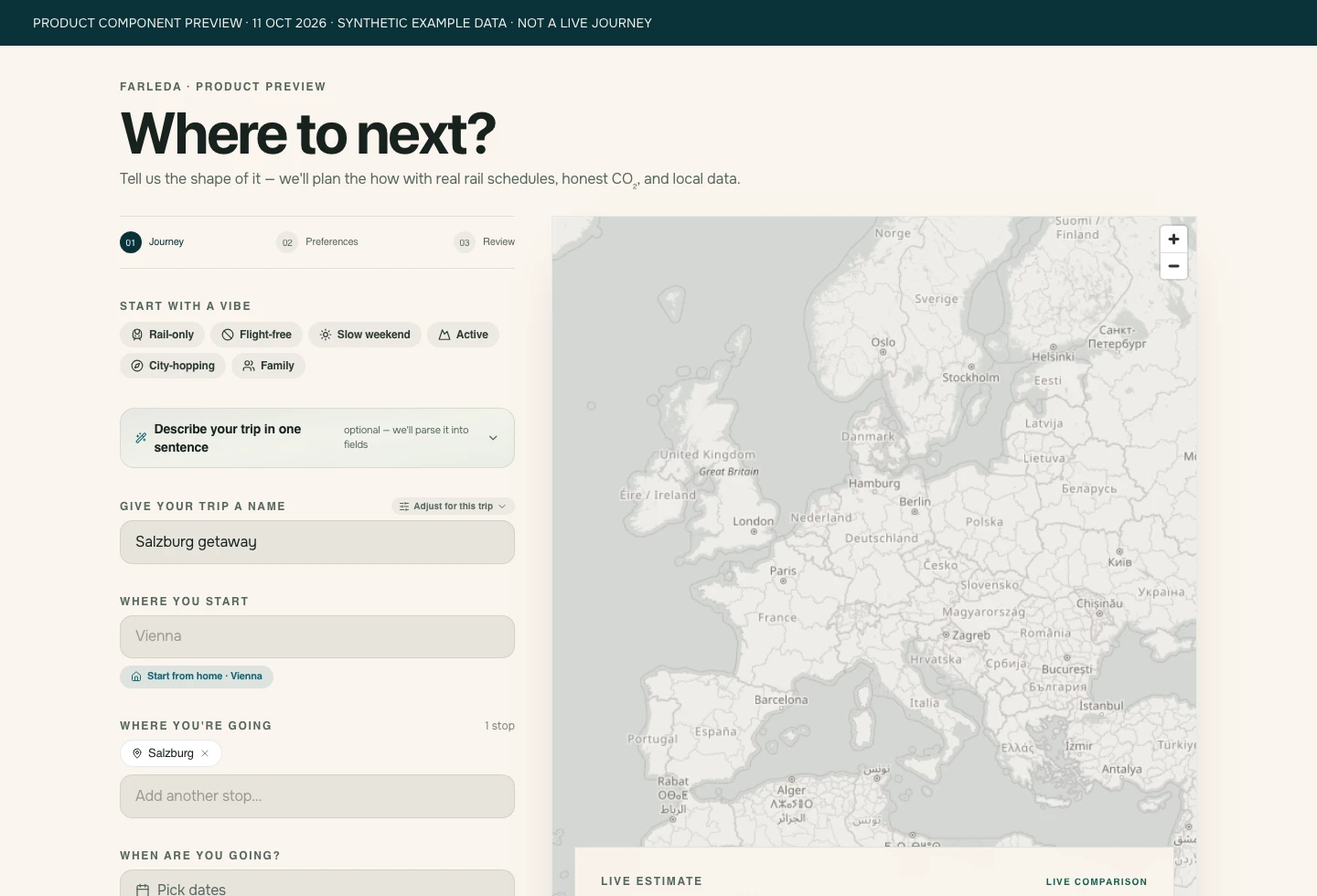 Farleda journey planning component with an example destination