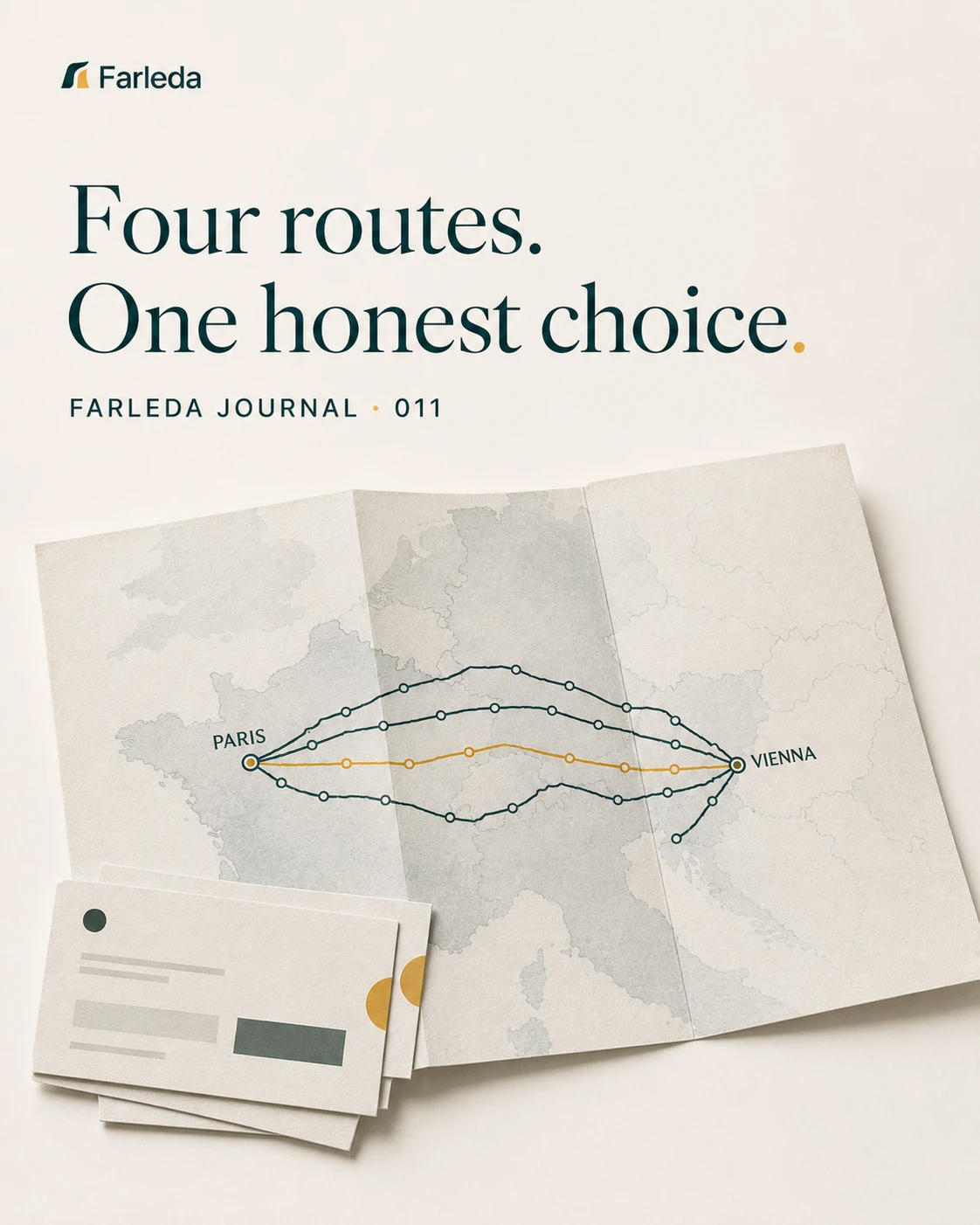 Farleda artwork comparing four European rail routes between Vienna and Paris