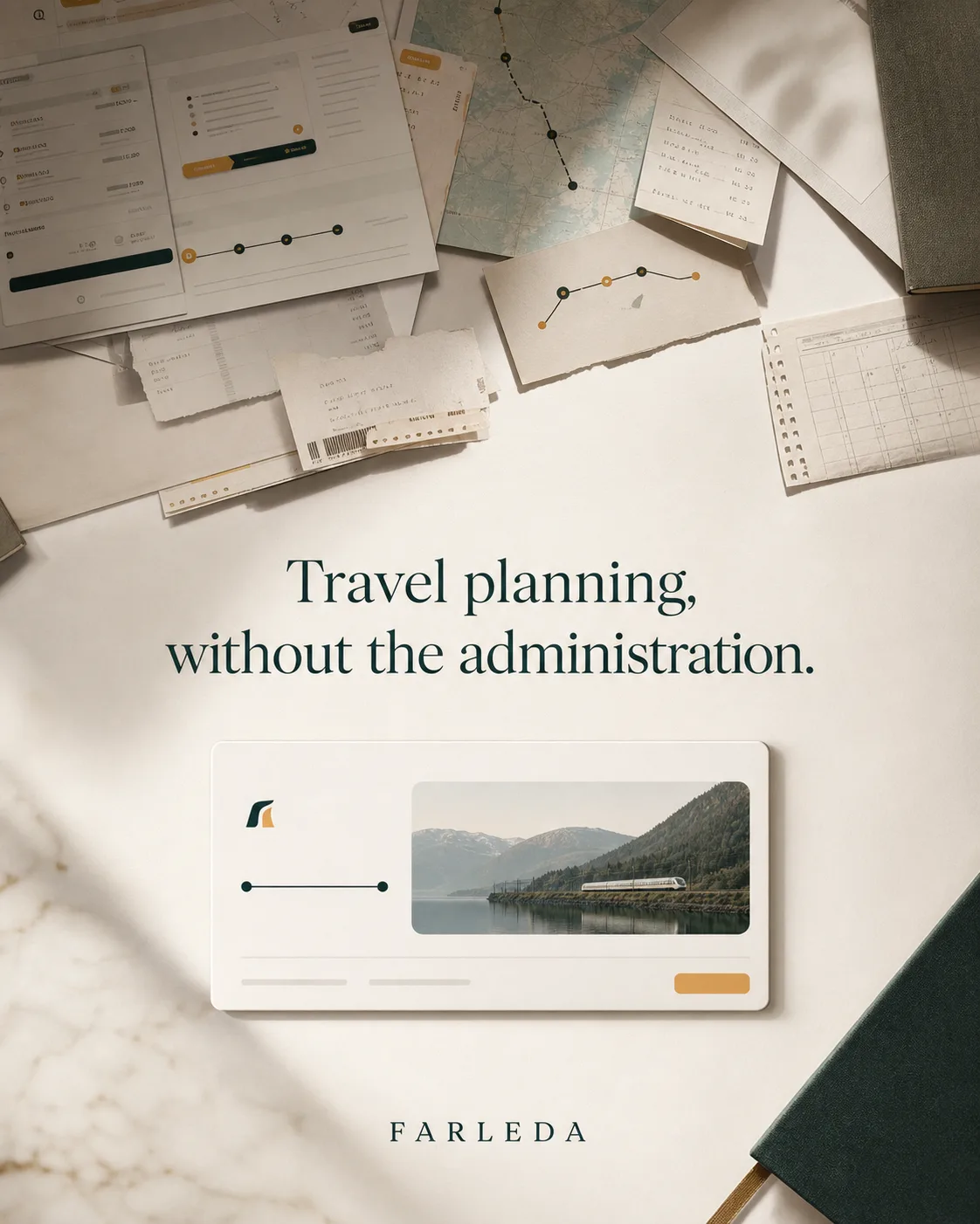 Farleda planner artwork with a paper itinerary and route details