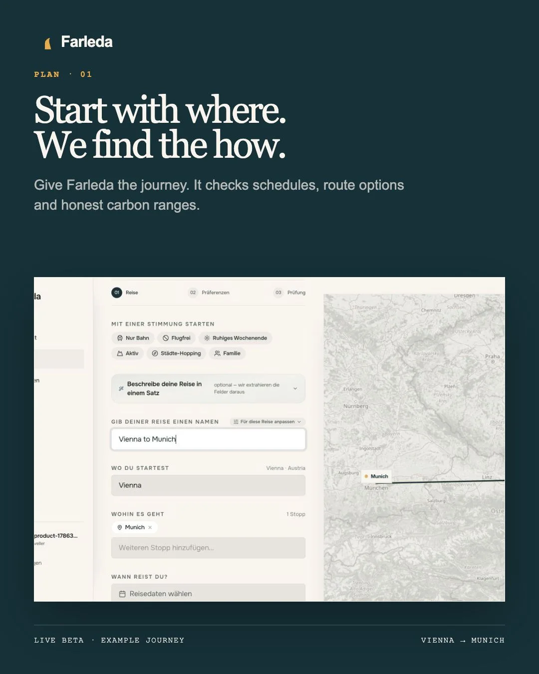 Current Farleda trip planner showing a journey from Vienna to Munich