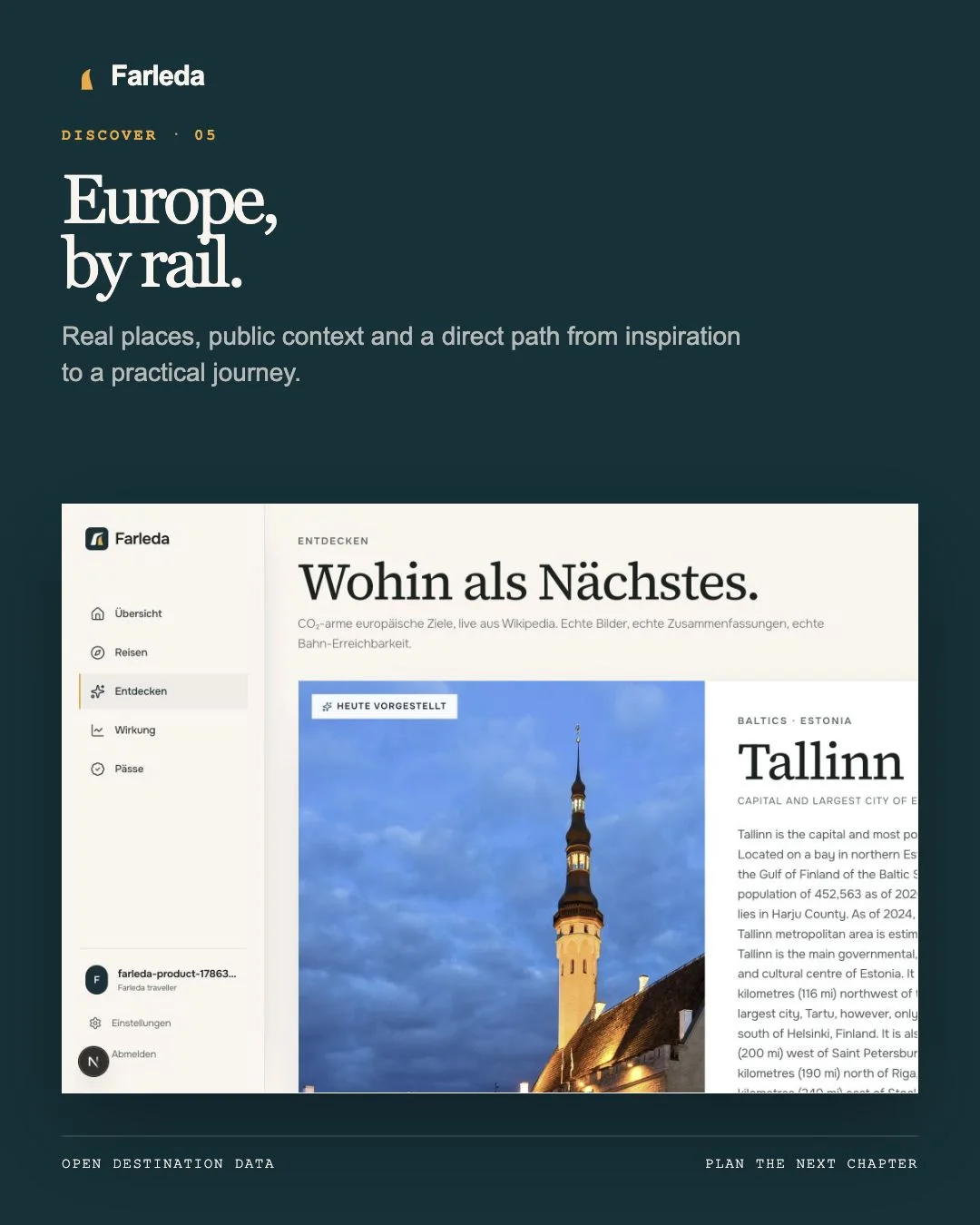 Current Farleda discovery screen featuring Tallinn and European rail planning